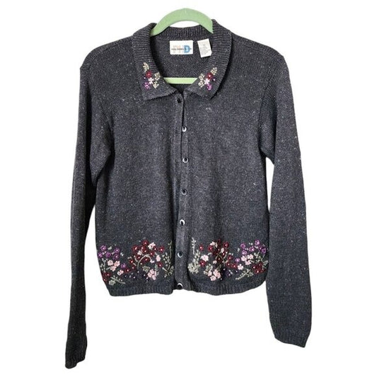 PAUL HARRIS DESIGN VINTAGE button front floral embroidered cardigan grey S