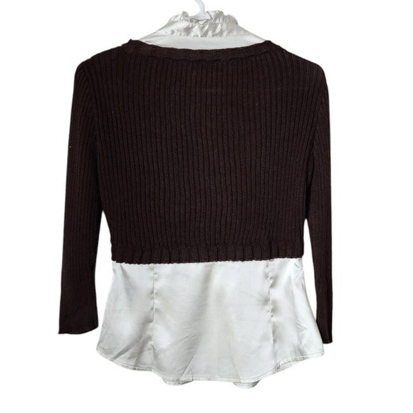A. BYER x VINTAGE Y2K White Satin Brown Ribbed Sweater Office Siren Blouse S