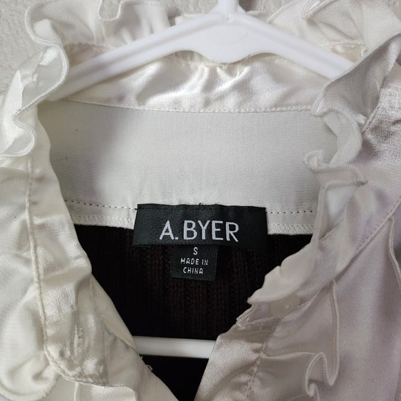 A. BYER x VINTAGE Y2K White Satin Brown Ribbed Sweater Office Siren Blouse S