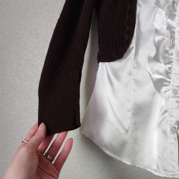 A. BYER x VINTAGE Y2K White Satin Brown Ribbed Sweater Office Siren Blouse S