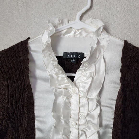 A. BYER x VINTAGE Y2K White Satin Brown Ribbed Sweater Office Siren Blouse S