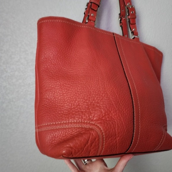 COACH Hamilton Leather Tote Bag in Coral Red pebbled leather