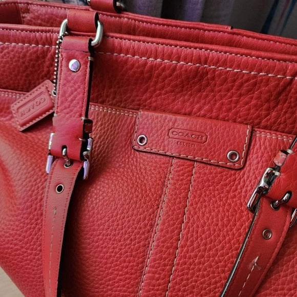 COACH Hamilton Leather Tote Bag in Coral Red pebbled leather