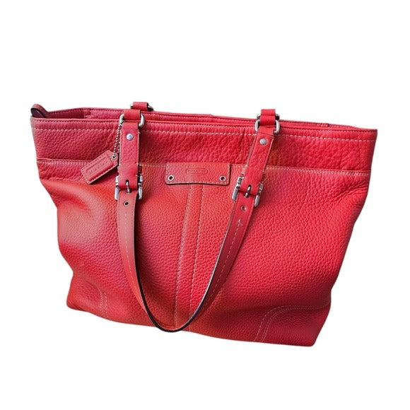 COACH Hamilton Leather Tote Bag in Coral Red pebbled leather