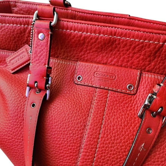 COACH Hamilton Leather Tote Bag in Coral Red pebbled leather