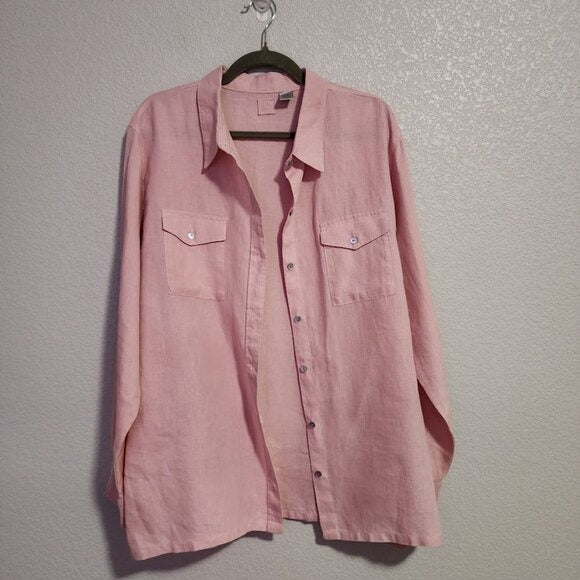 LINO BY CHICOS button front 100% linen blouse coastal pink size 3