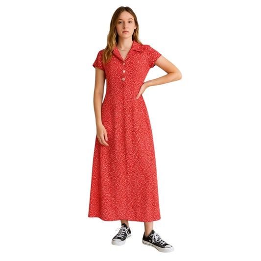 JODY California VTG 90s Red Micro Floral Button Front Maxi Dress Made in USA 3/4