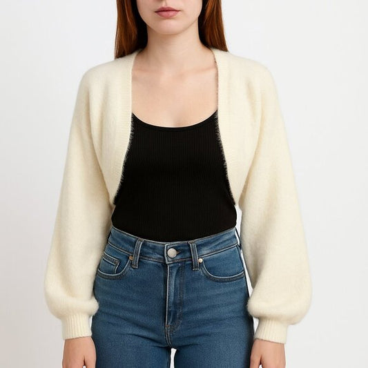 CURRENT AIR Fuzzy Knit Cropped Shrug Cardigan Balloon Sleeve in vanilla cream S