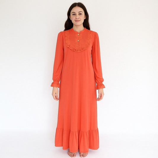 VINTAGE 70s Coral Nightgown Prairie Maxi Dress Lace Ruffle Trim Cottagecore