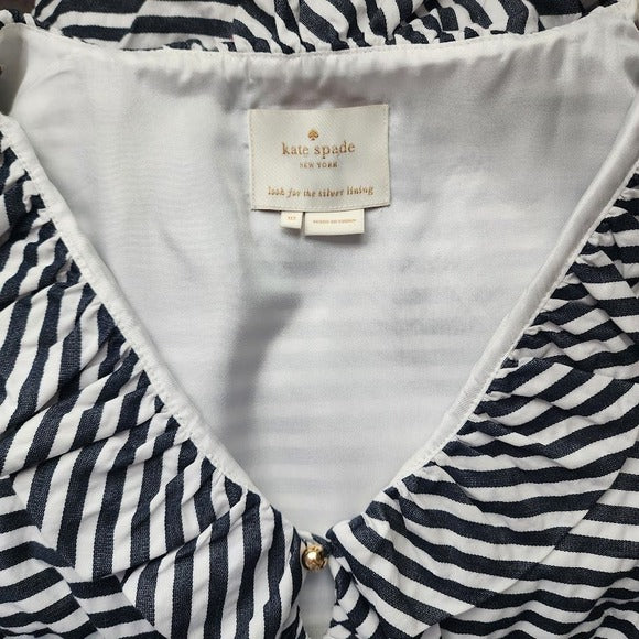 KATE SPADE Striped Ruffle Neck Shift Dress with Gold Button Detail Size 10