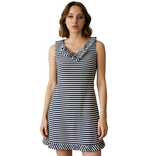 KATE SPADE Striped Ruffle Neck Shift Dress with Gold Button Detail Size 10