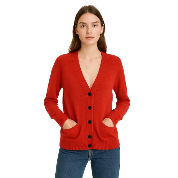 DUFFY 100% Cashmere Red Button Front Cardigan Sweater Pockets Size S