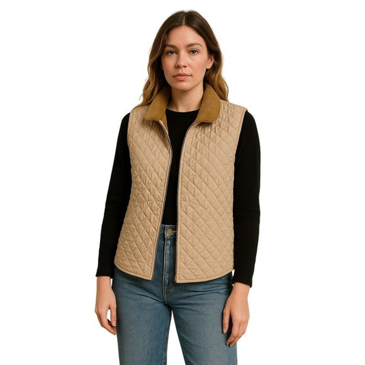 J. MCLAUGHLIN VTG Quilted Vest Tan Corduroy Collar Zip Up Riding Style M