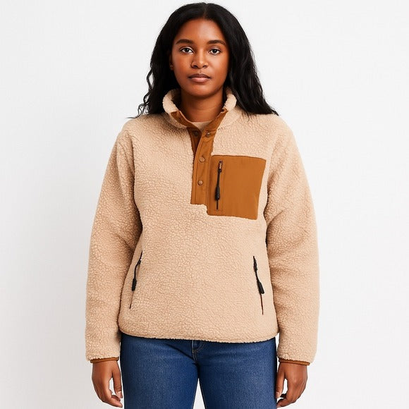 ORVIS Sherpa Fleece Snap Pullover Tan Brown Chest Pocket Cozy Outdoor Layer M