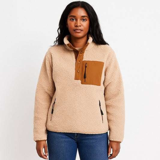 ORVIS Sherpa Fleece Snap Pullover Tan Brown Chest Pocket Cozy Outdoor Layer M