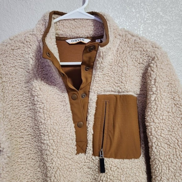 ORVIS Sherpa Fleece Snap Pullover Tan Brown Chest Pocket Cozy Outdoor Layer M