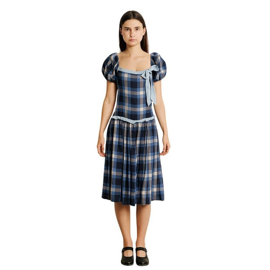 VTG 50s Plaid Puff Sleeve Dress Bow Talon Zipper Cottagecore Prairie Gingham