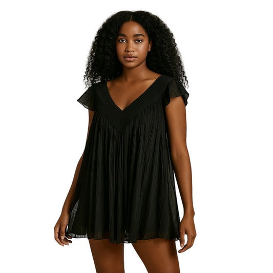 ROGERS VINTAGE 60s Black Pleated Nylon Tricot Babydoll Lingerie Nightie M