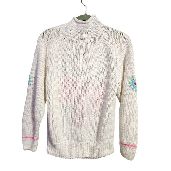 OBERMEYER Sport 90s White Knit Sweater Pink Heart Floral Appliqué Pullover