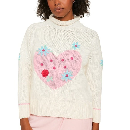 OBERMEYER Sport 90s White Knit Sweater Pink Heart Floral Appliqué Pullover