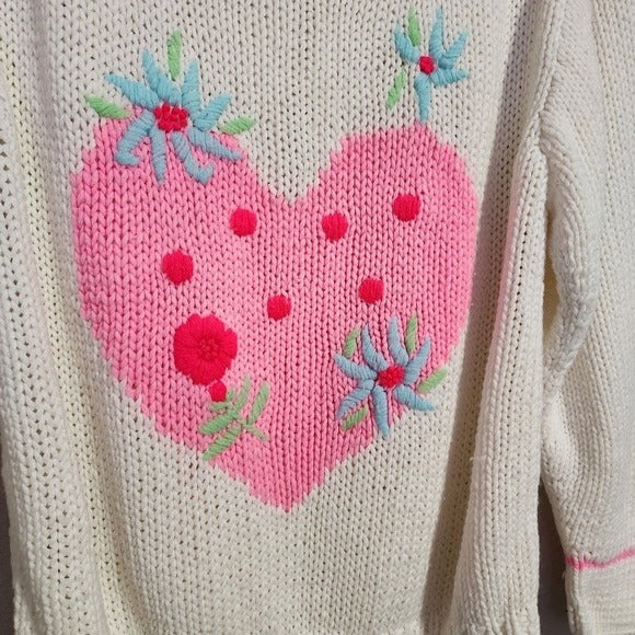 OBERMEYER Sport 90s White Knit Sweater Pink Heart Floral Appliqué Pullover