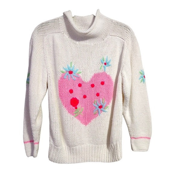 OBERMEYER Sport 90s White Knit Sweater Pink Heart Floral Appliqué Pullover