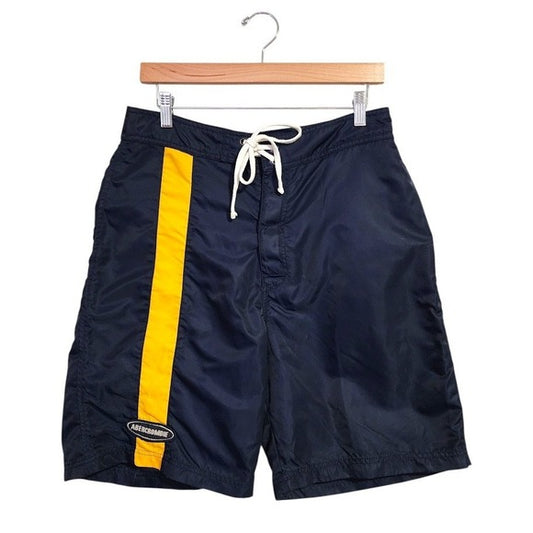 ABERCROMBIE VINTAGE 90s Board Shorts Yellow Stripe Navy Swim Trunks Nylon M