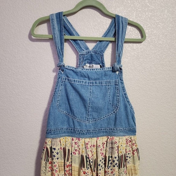JANE ASHLEY 90s Patchwork Print Floral Sundress Farmgirl Denim Bib Jumper Dress