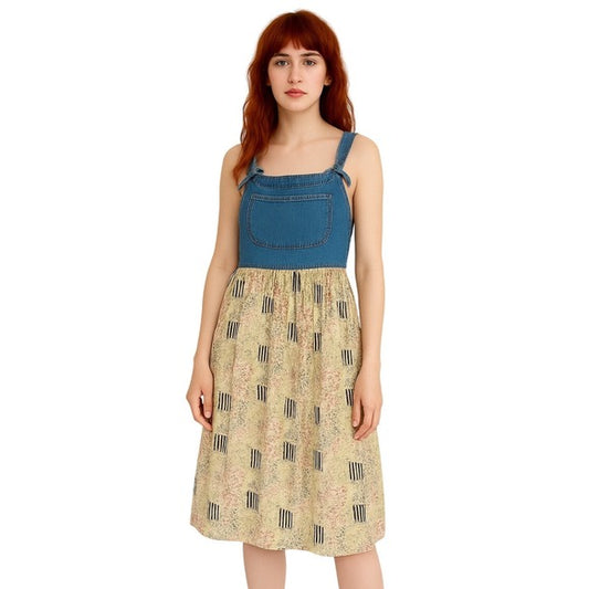 JANE ASHLEY 90s Patchwork Print Floral Sundress Farmgirl Denim Bib Jumper Dress