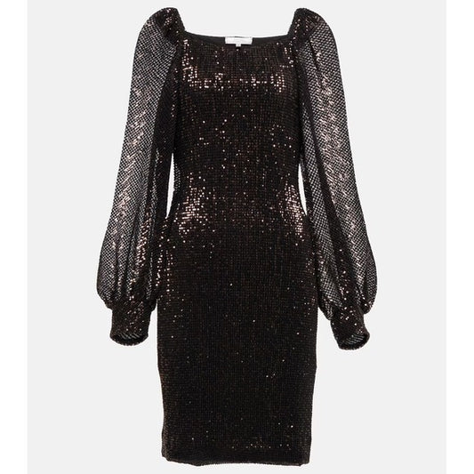 DOROTHEE SCHUMACHER Sparkling Moment Sequined Minidress Mesh Sleeves Brown 2