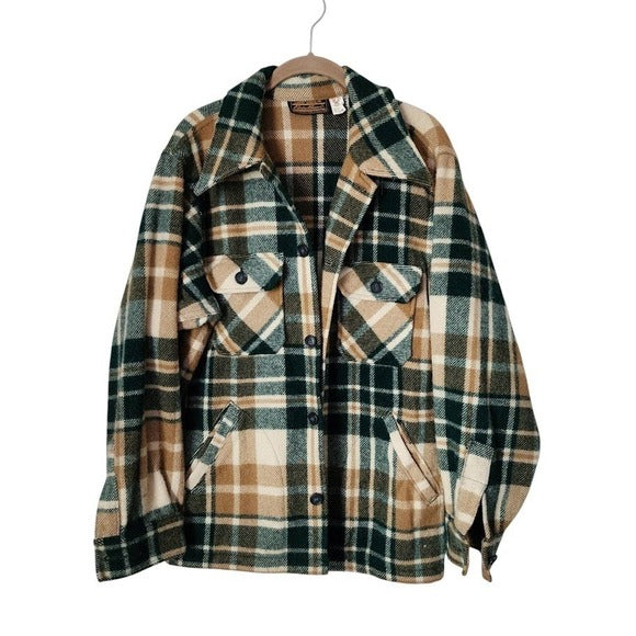 VINTAGE EDDIE BAUER Wool Plaid Shirt Jacket Green Tan camel Made USA Shacket M