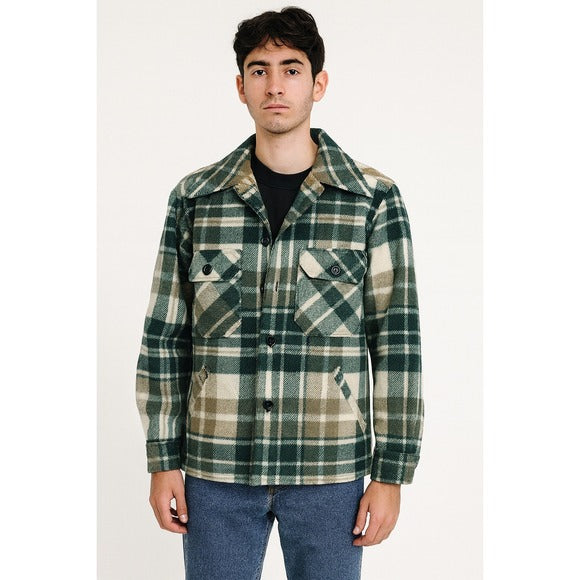 VINTAGE EDDIE BAUER Wool Plaid Shirt Jacket Green Tan camel Made USA Shacket M