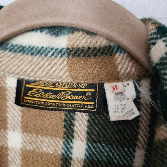 VINTAGE EDDIE BAUER Wool Plaid Shirt Jacket Green Tan camel Made USA Shacket M