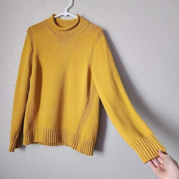 J.CREW ALWAYS Roll Neck Pullover Fisherman Sweater Mustard Yellow Size L