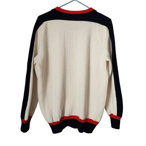 VINTAGE FILA Lambswool Sweater Cream Navy Red Logo Pullover Made in Italy 44