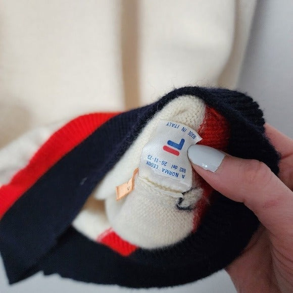 VINTAGE FILA Lambswool Sweater Cream Navy Red Logo Pullover Made in Italy 44