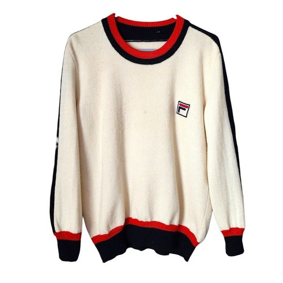 VINTAGE FILA Lambswool Sweater Cream Navy Red Logo Pullover Made in Italy 44