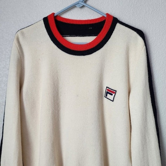 VINTAGE FILA Lambswool Sweater Cream Navy Red Logo Pullover Made in Italy 44