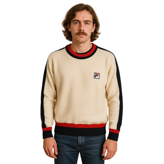 VINTAGE FILA Lambswool Sweater Cream Navy Red Logo Pullover Made in Italy 44