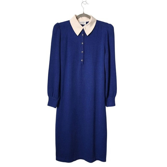 ST. JOHN VTG Santana Knit Dress Blue White Contrast Silk Collar Mod button front