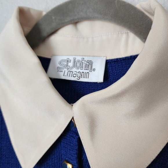 ST. JOHN VTG Santana Knit Dress Blue White Contrast Silk Collar Mod button front