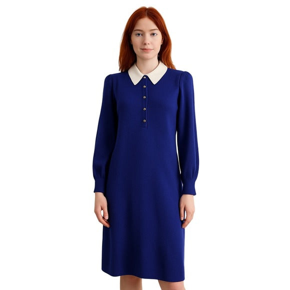 ST. JOHN VTG Santana Knit Dress Blue White Contrast Silk Collar Mod button front