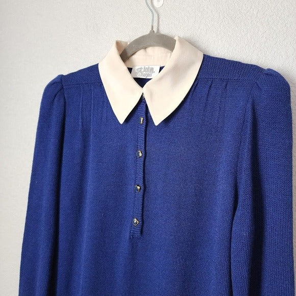 ST. JOHN VTG Santana Knit Dress Blue White Contrast Silk Collar Mod button front