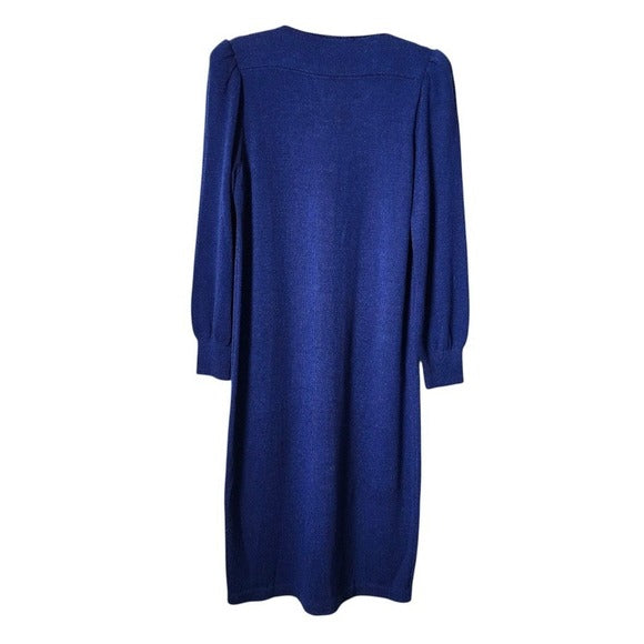 ST. JOHN VTG Santana Knit Dress Blue White Contrast Silk Collar Mod button front