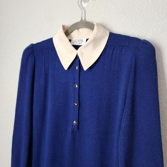 ST. JOHN VTG Santana Knit Dress Blue White Contrast Silk Collar Mod button front