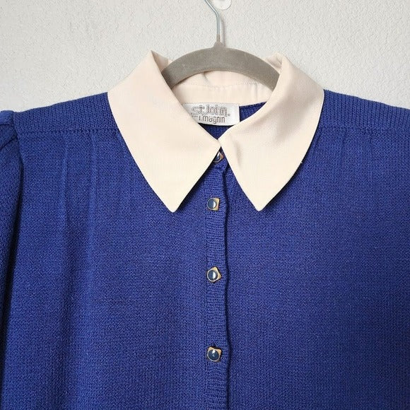 ST. JOHN VTG Santana Knit Dress Blue White Contrast Silk Collar Mod button front