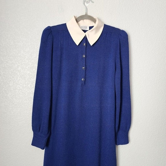 ST. JOHN VTG Santana Knit Dress Blue White Contrast Silk Collar Mod button front