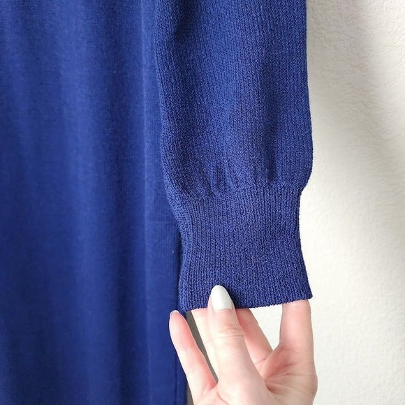 ST. JOHN VTG Santana Knit Dress Blue White Contrast Silk Collar Mod button front