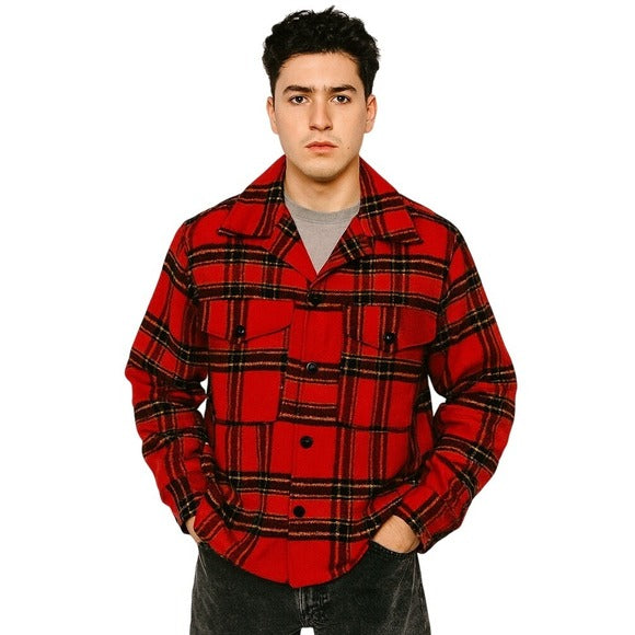 PENDLETON 70s VTG Shacket Red Plaid Wool Jacket Made in USA Button-Up Overshirt L