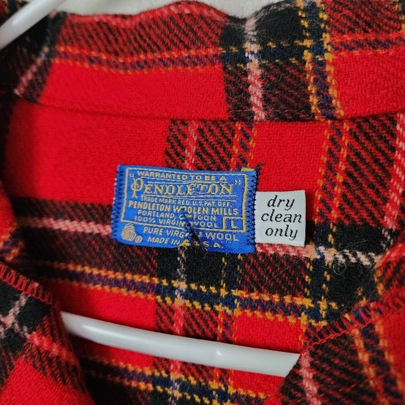 PENDLETON 70s VTG Shacket Red Plaid Wool Jacket Made in USA Button-Up Overshirt L